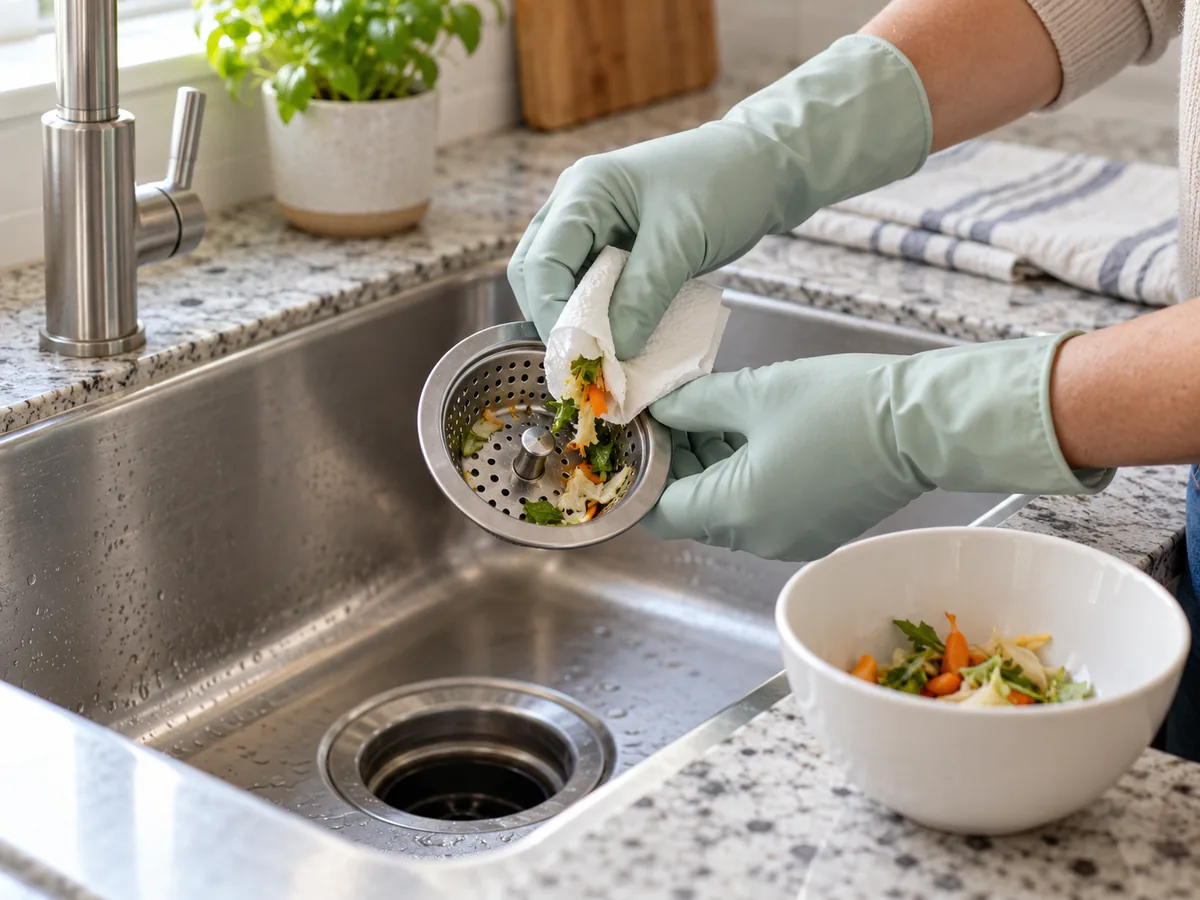 Gloved hands removing food debris from a removable kitchen sink strainer