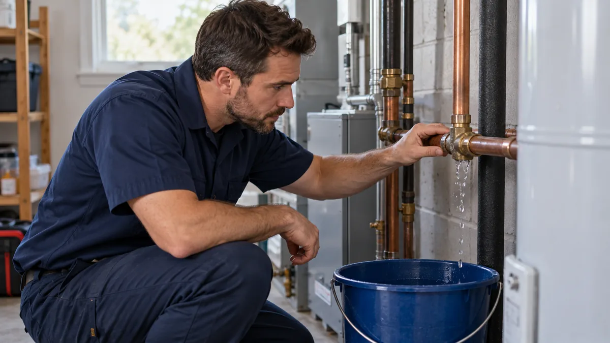 Plumber inspecting a dripping accessible pipe above a bucket