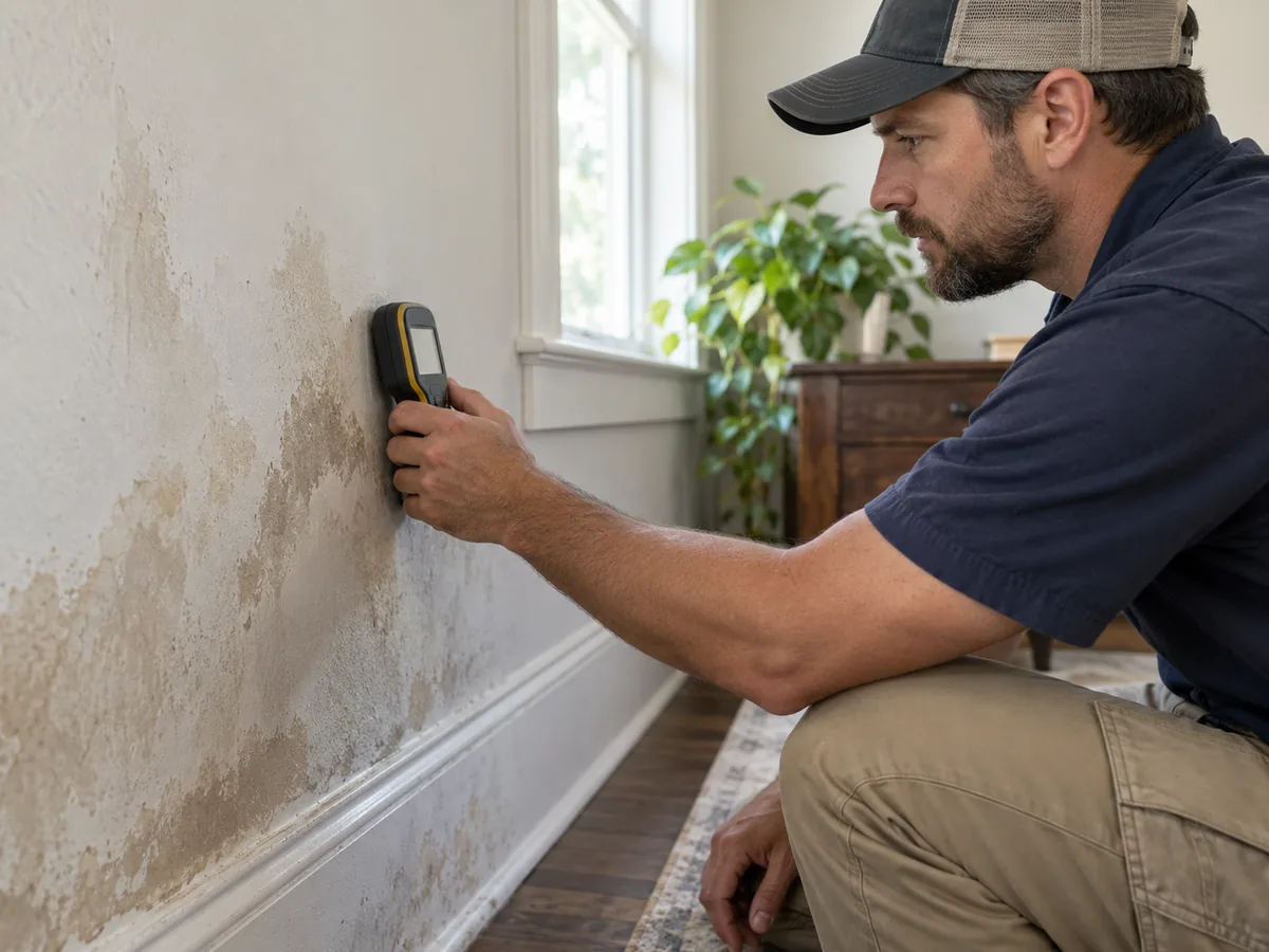 Moisture meter being held against a damp interior wall