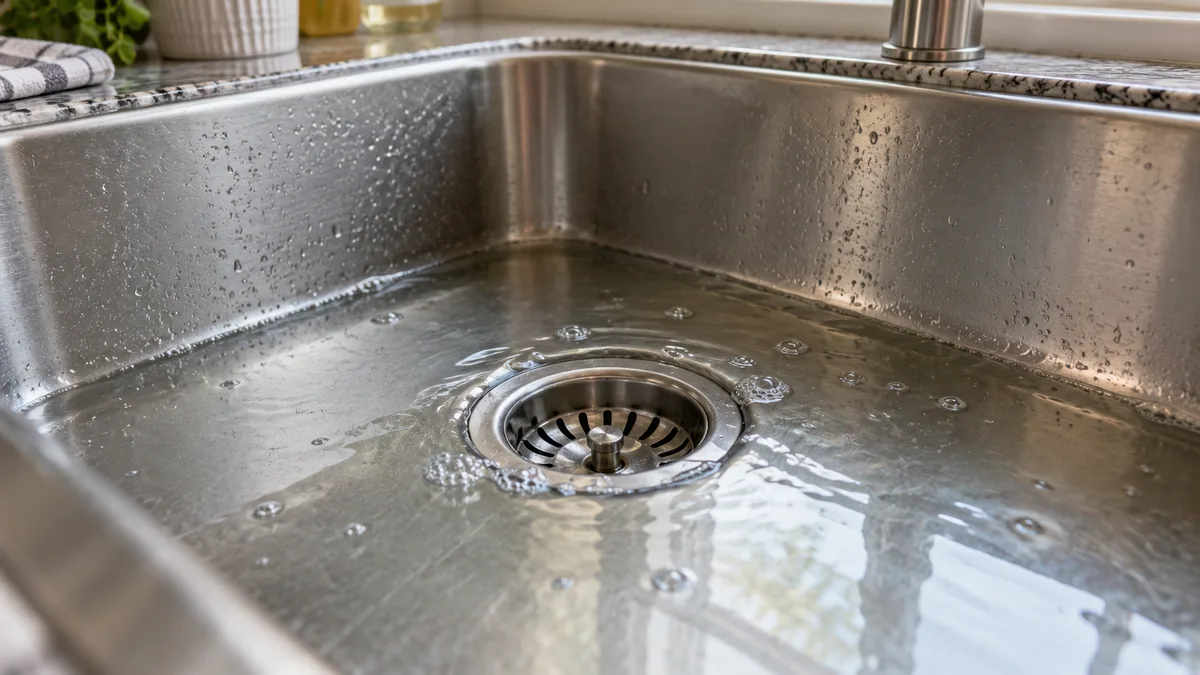 Shallow standing water pooling around a stainless steel kitchen sink drain