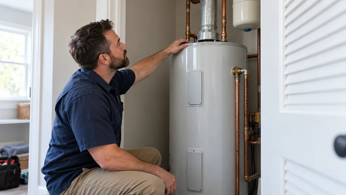 Plumber inspecting a residential tank water heater in a utility closet