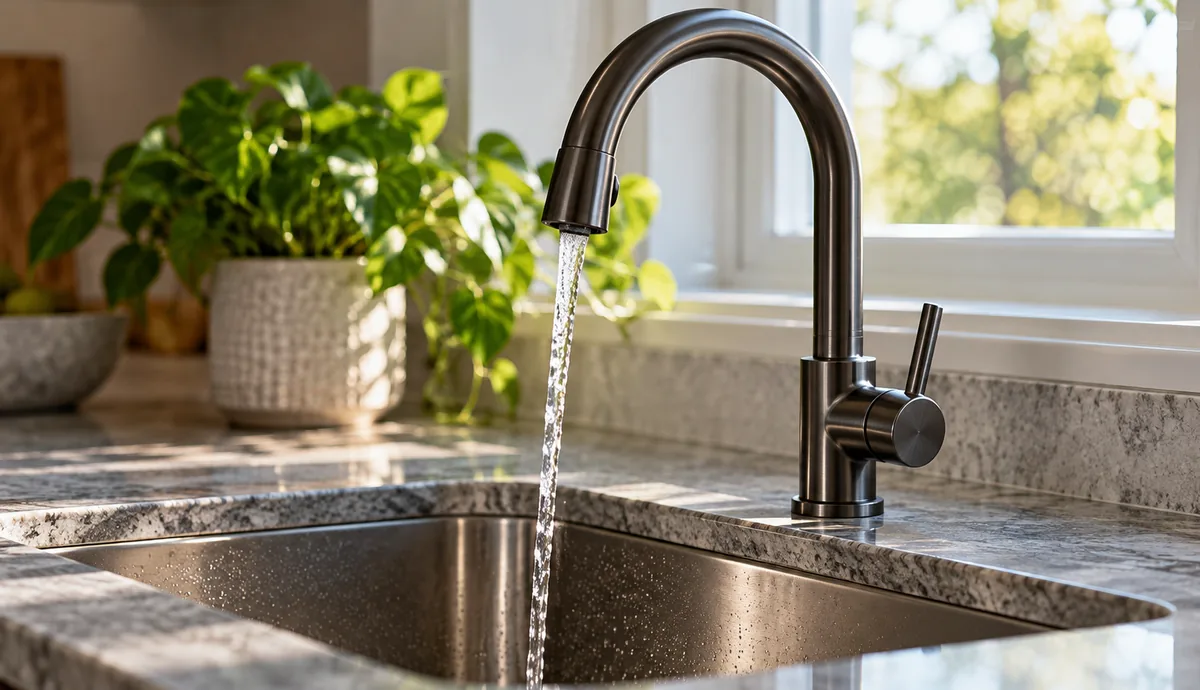 Water flowing from a dark kitchen faucet into a stainless steel sink