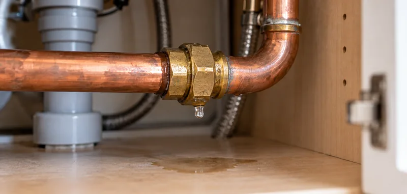 Water droplet beneath a copper pipe fitting and a damp patch inside a sink cabinet