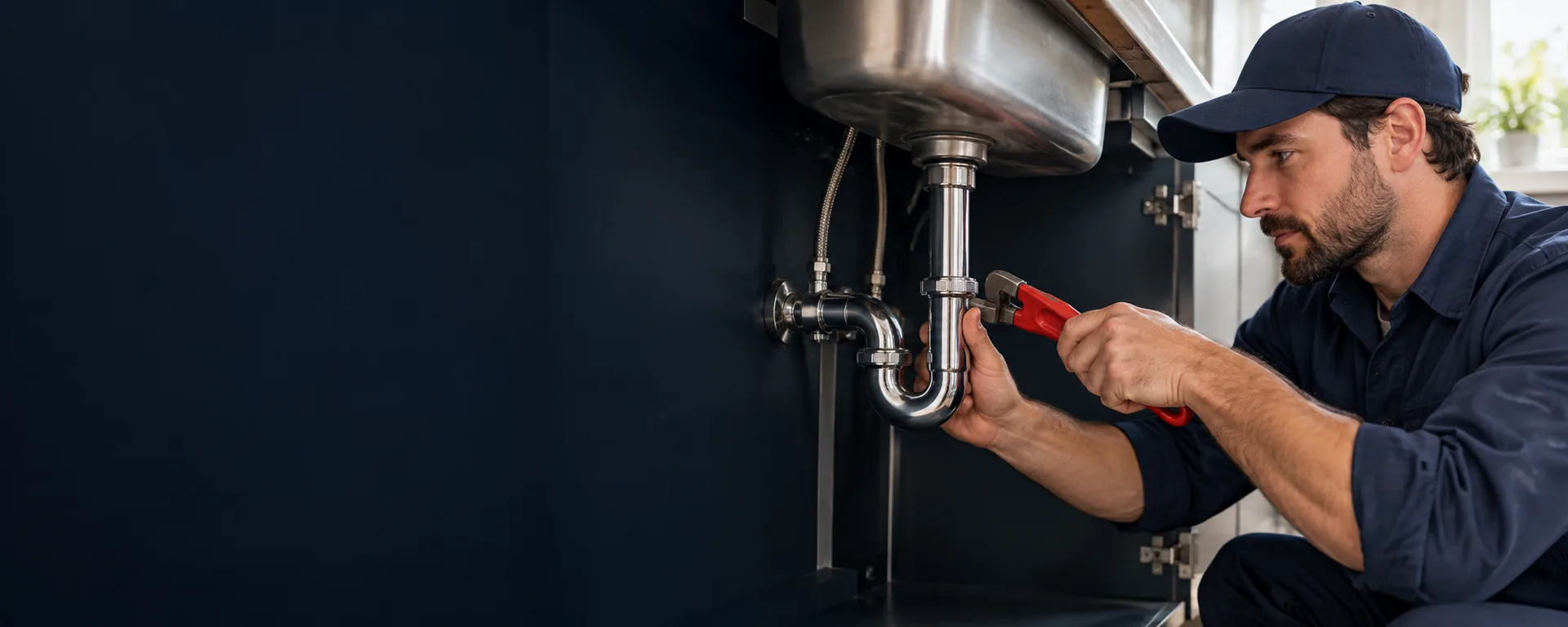 Plumber using a wrench to repair drain pipes beneath a kitchen sink