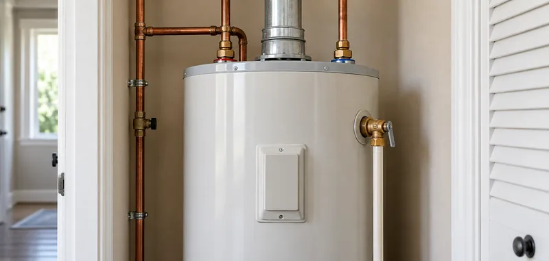 Residential tank water heater with copper supply pipes and a pressure relief valve