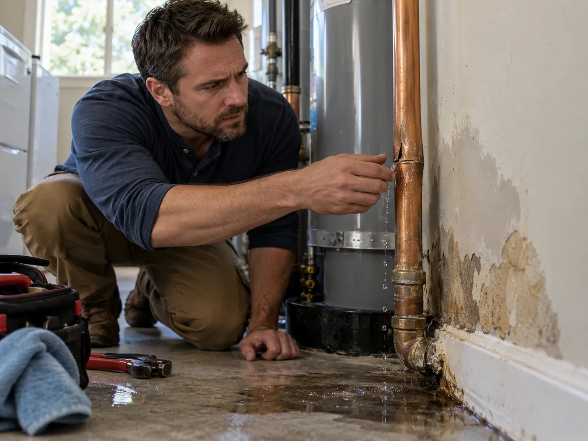 Leaking copper pipe beside moisture-damaged wall in a residential utility area