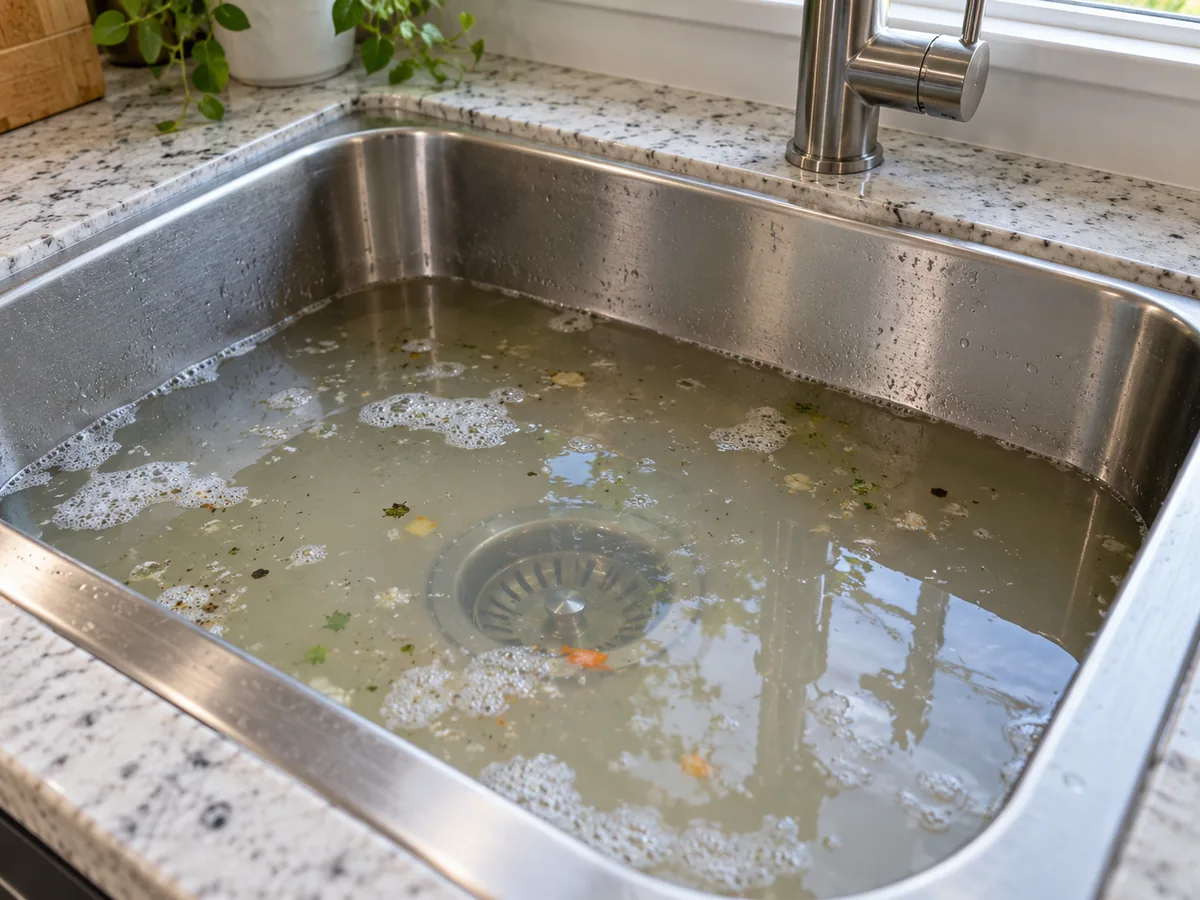 Cloudy standing water covering the drain in a clogged stainless steel kitchen sink