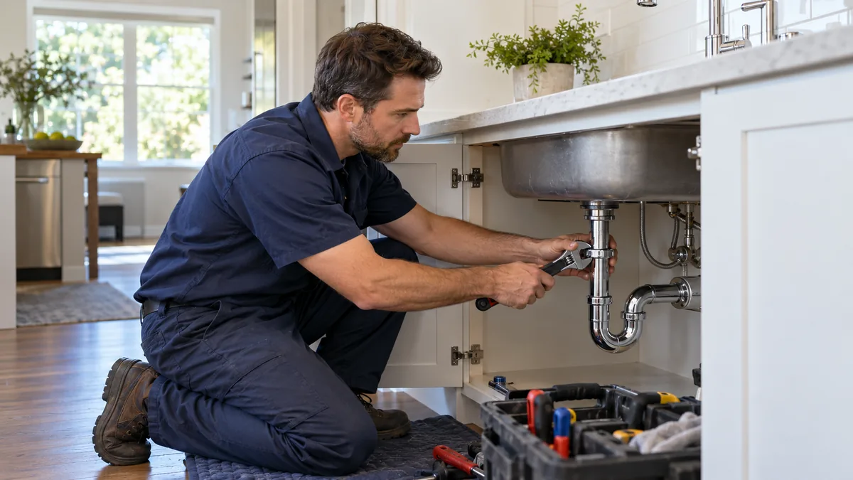 Plumbing professional inspecting pipework beneath a kitchen sink