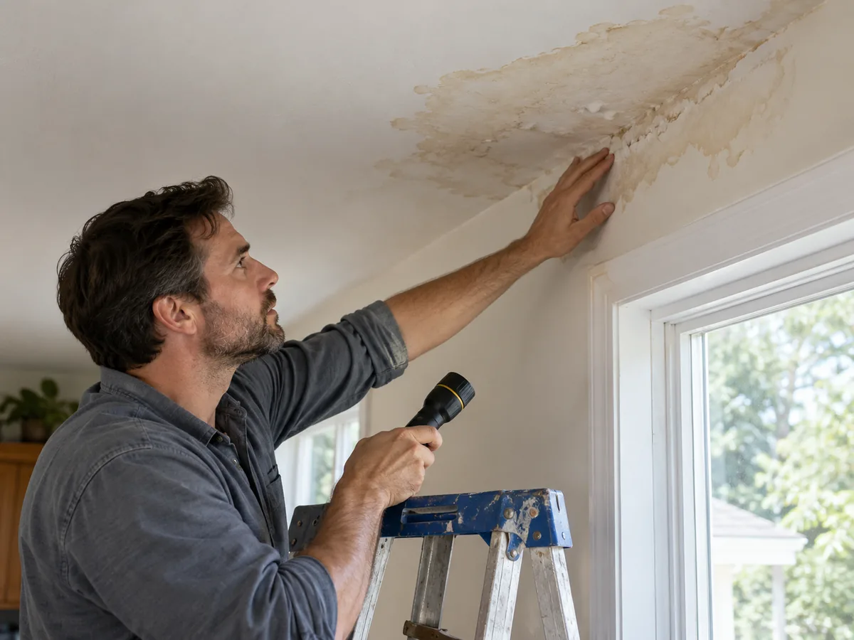Water staining and damaged paint at an interior wall and ceiling junction