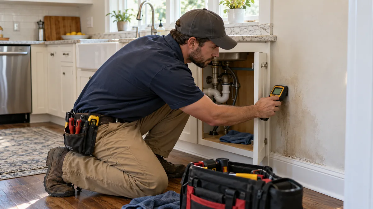 Plumber checking a damp kitchen wall beside a sink cabinet with a moisture meter