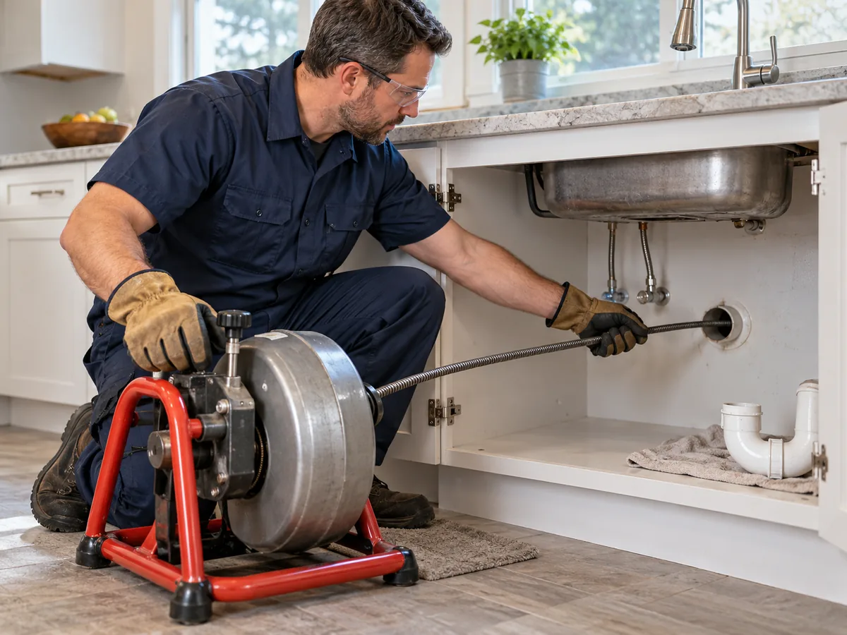 Plumber guiding a drum drain auger cable into an accessible drain opening beneath a kitchen sink