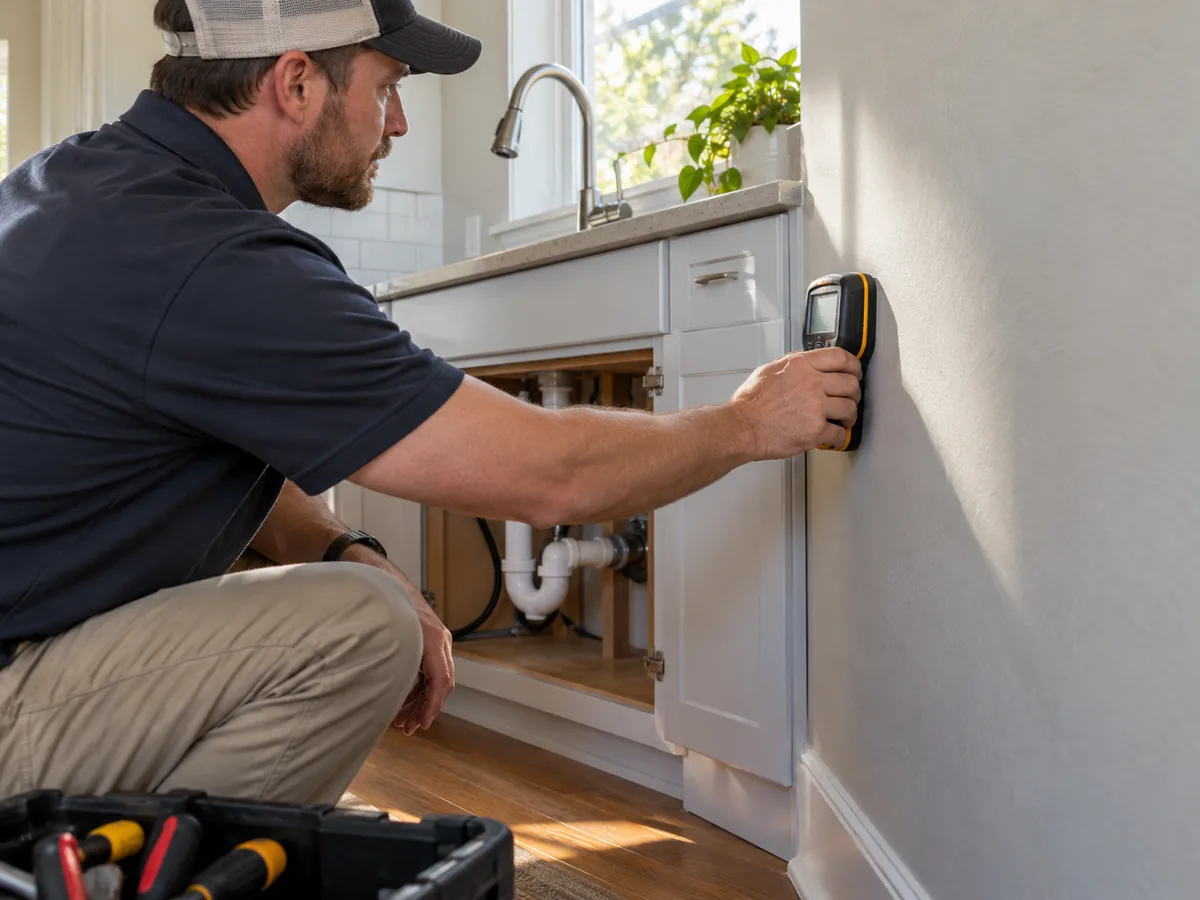 Professional checking a household wall for evidence of a concealed water leak
