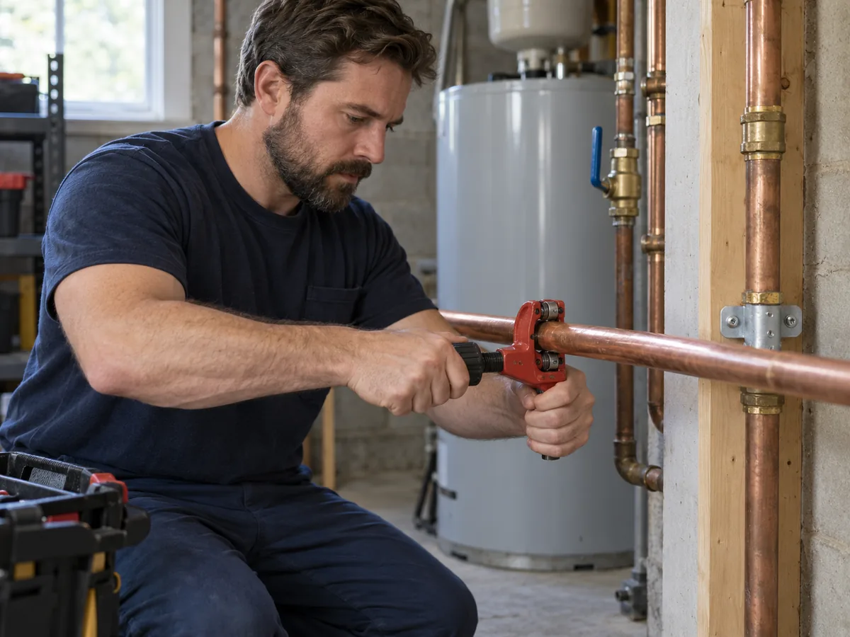 Plumber using a pipe cutter on an accessible residential copper pipe