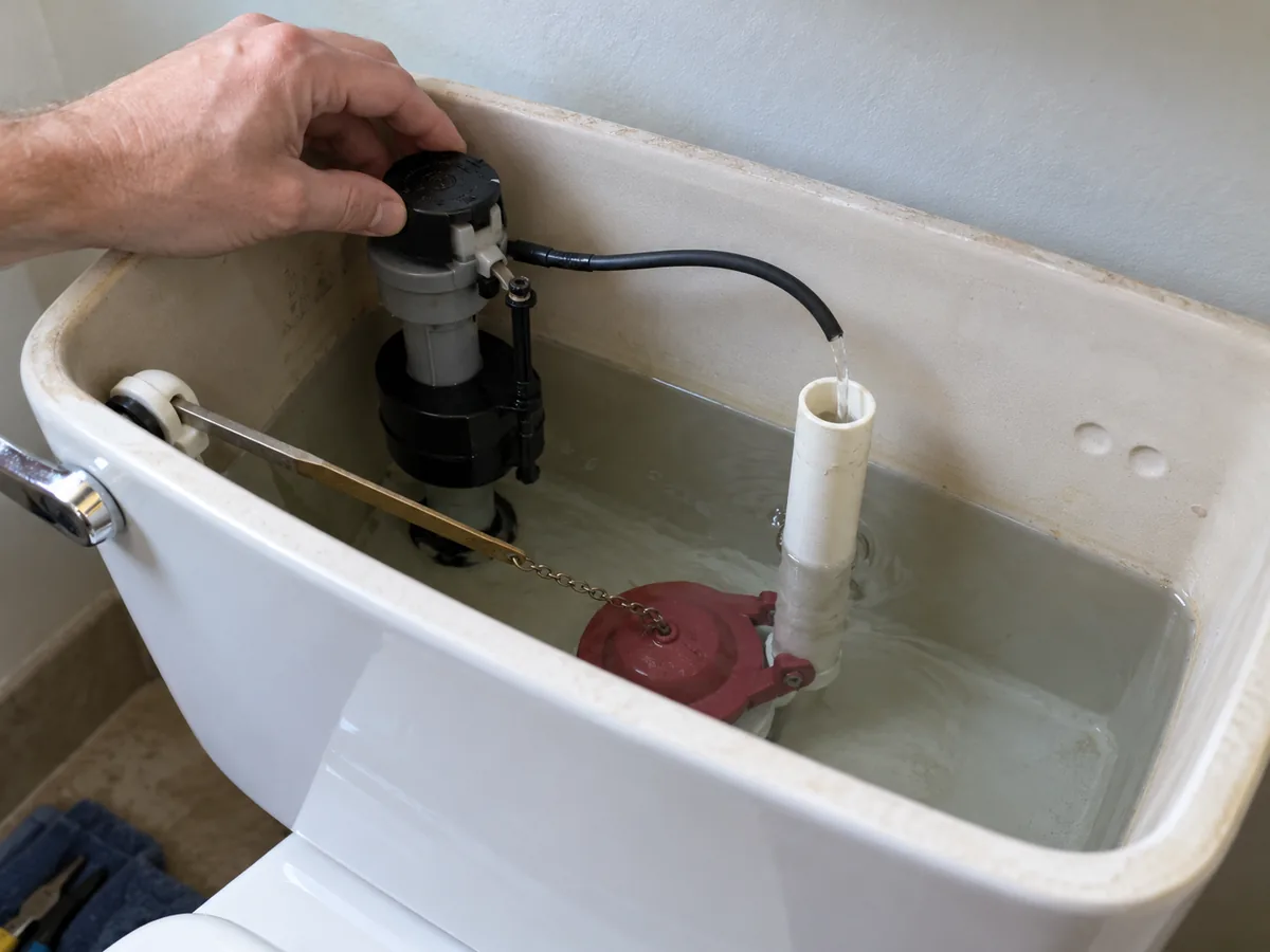 Open toilet tank showing fill valve, overflow tube, chain and rubber flapper