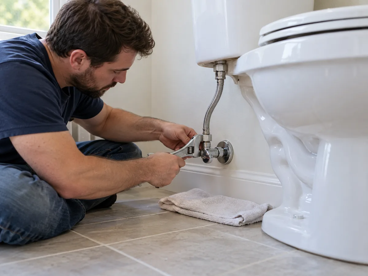 Plumber using a wrench near a toilet supply connection and wall shutoff valve