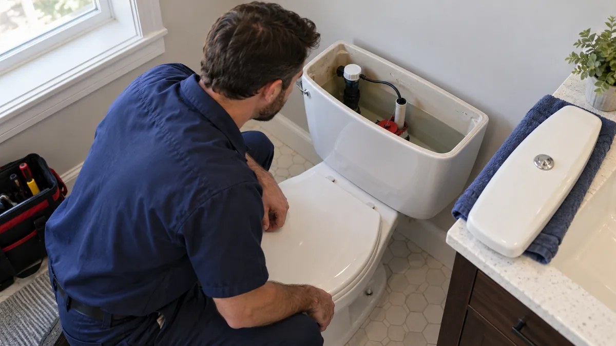 Plumber inspecting the mechanism inside an open residential toilet tank