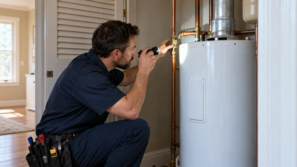 Plumber inspecting external copper connections on a residential tank water heater