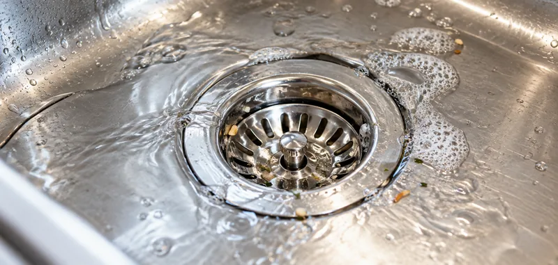 Water and soap bubbles collecting around a kitchen sink drain basket