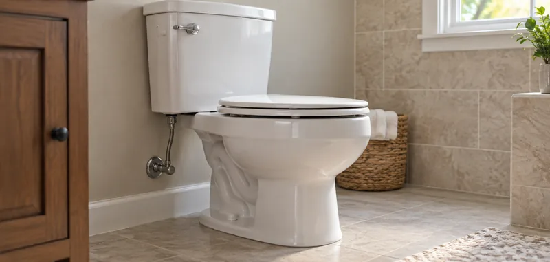 White bathroom toilet with a chrome flush handle and water shutoff valve